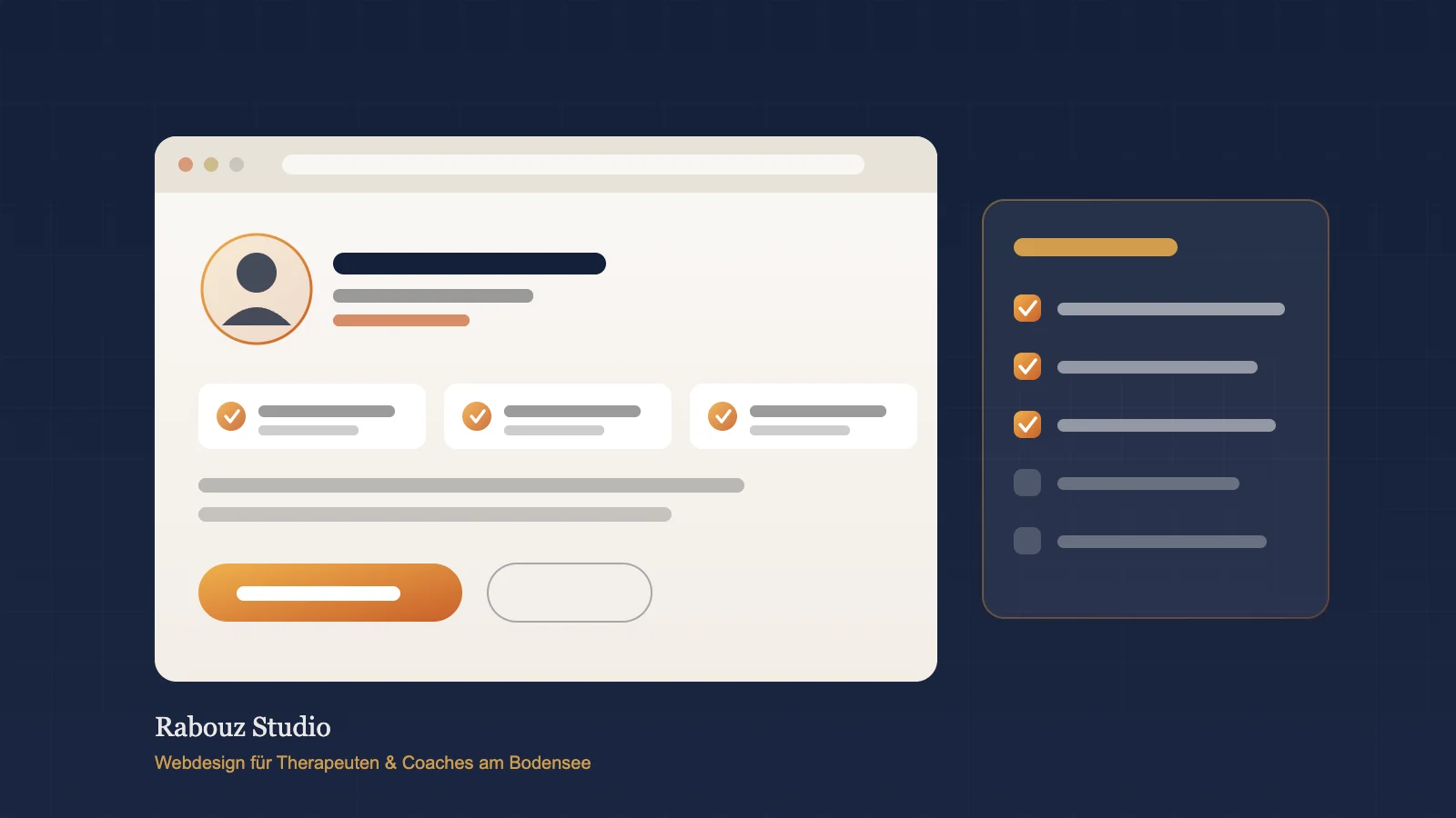 Vertrauenswürdige Therapeuten- und Coach-Website mit Person, Qualifikation und Selbst-Check
