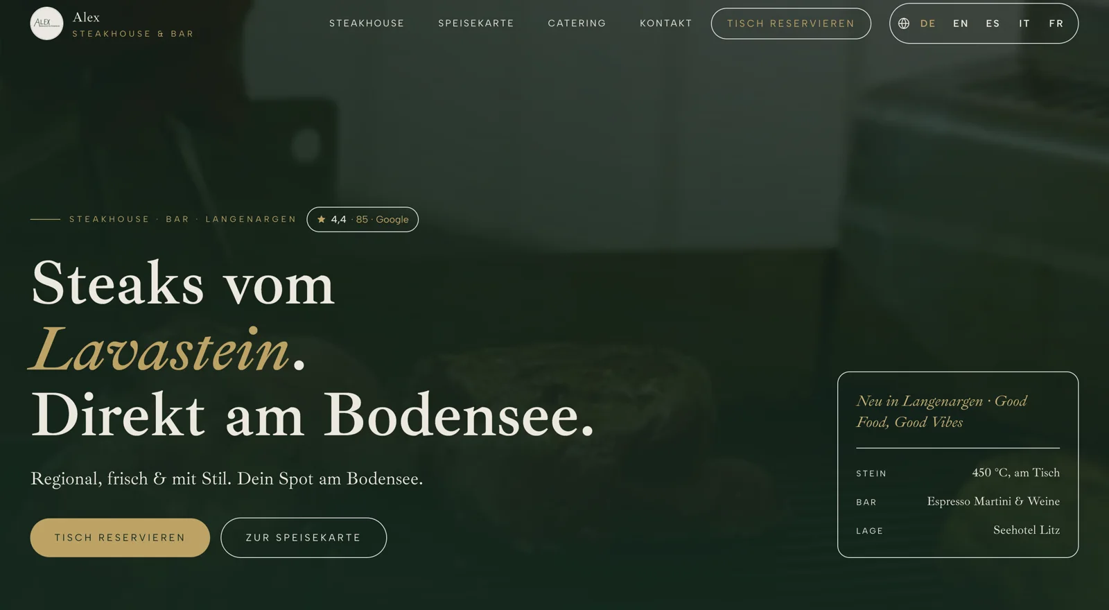 Website Alex Steakhouse, Lavastein-Restaurant in Langenargen am Bodensee