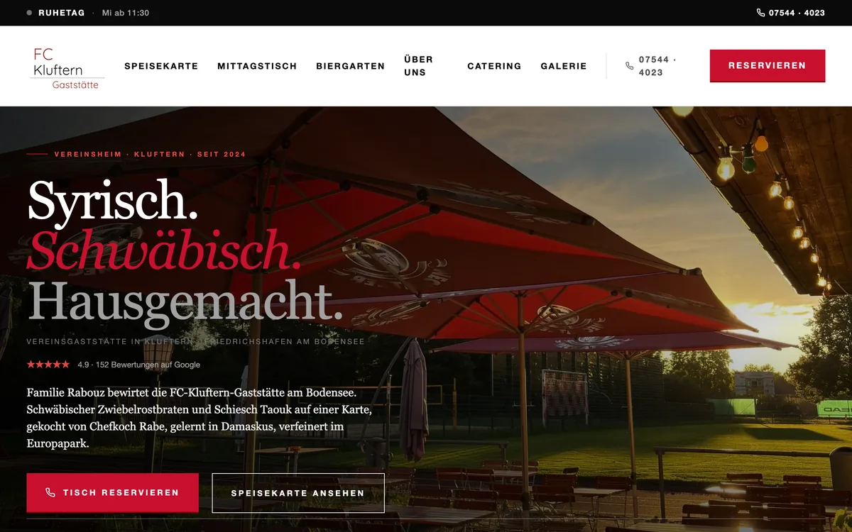 Website der FC-Kluftern-Gaststätte am Bodensee von Rabouz Studio